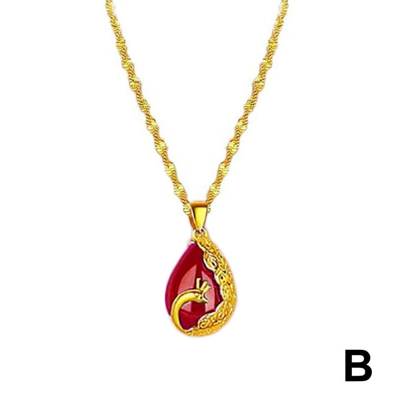 Ethnic Style Lucky Charm Bead Imitation Gold Double Water Wave Peacock Necklace Brass Gold Plated Inlaid with Ruby and Emerald Pendant